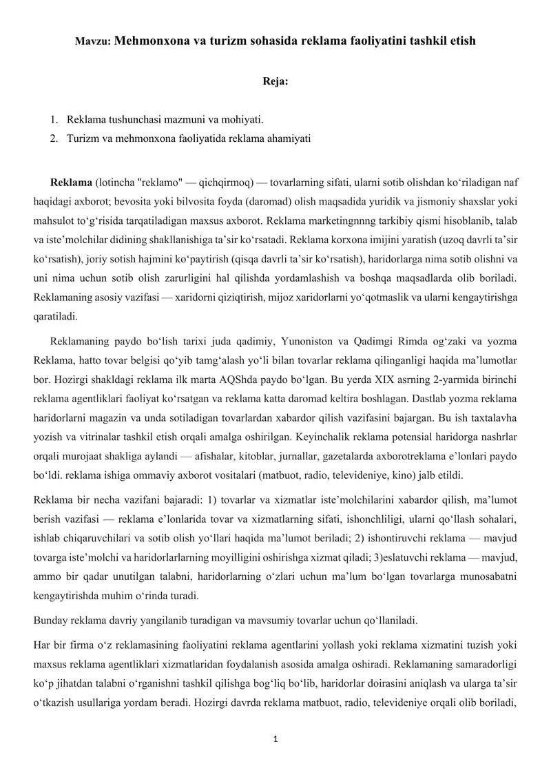 Mehmonxona va turizm sohasida reklama faoliyatini tashkil etish