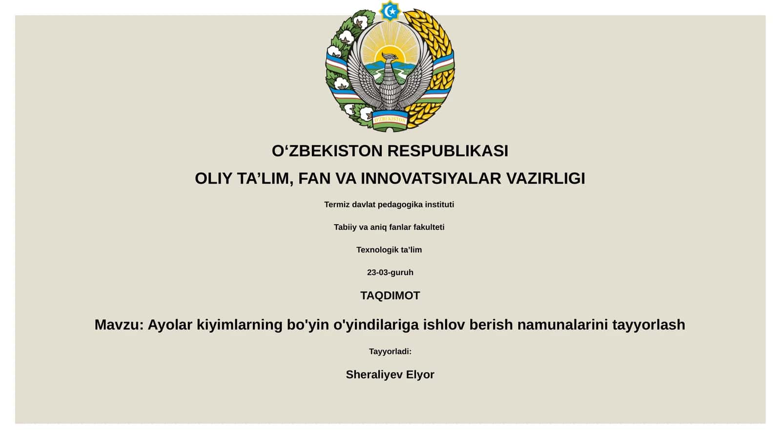 Ayolar kiyimlarning bo'yin o'yindilariga ishlov berish namunalarini tayyorlash