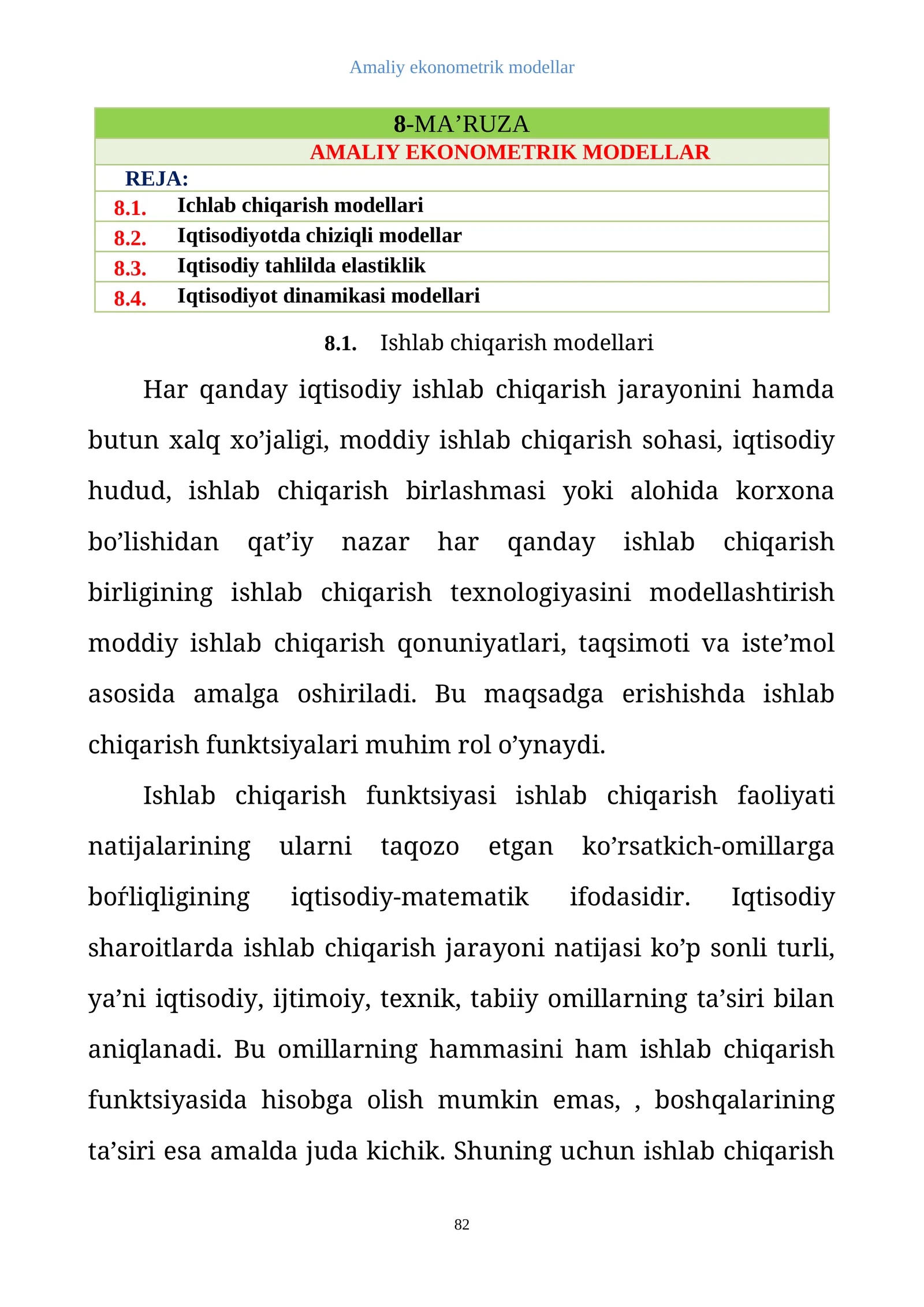 AMALIY EKONOMETRIK MODELLAR