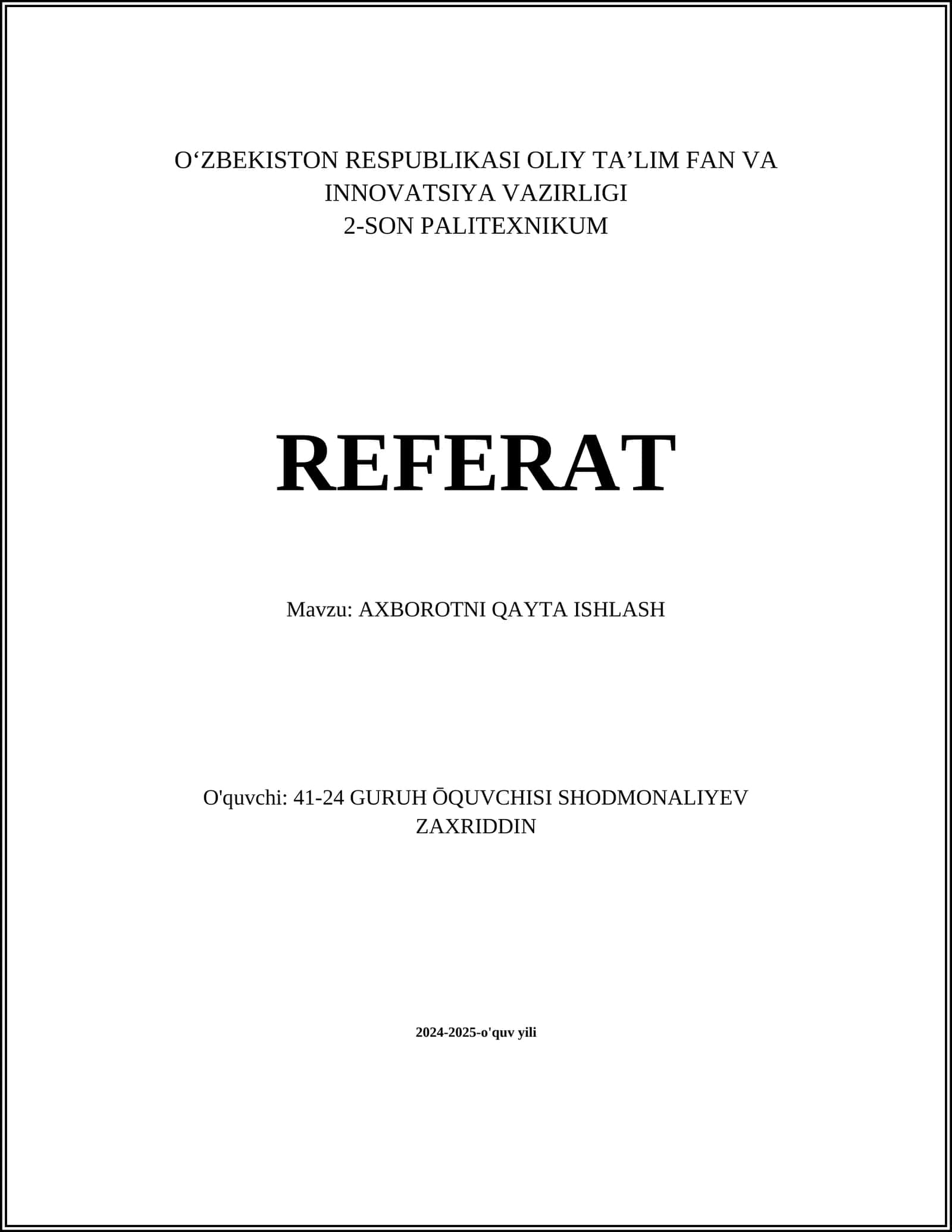 AXBOROTNI QAYTA ISHLASH