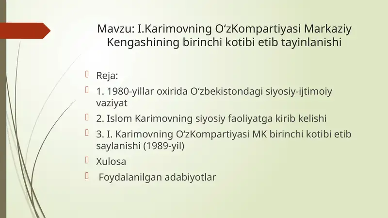 I.I.Karimovning O‘zKompartiyasi Markaziy Kengashining birinchi kotibi etib tayinlanishi