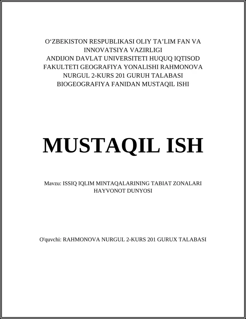 ISSIQ IQLIM MINTAQALARINING TABIAT ZONALARI HAYVONOT DUNYOSI