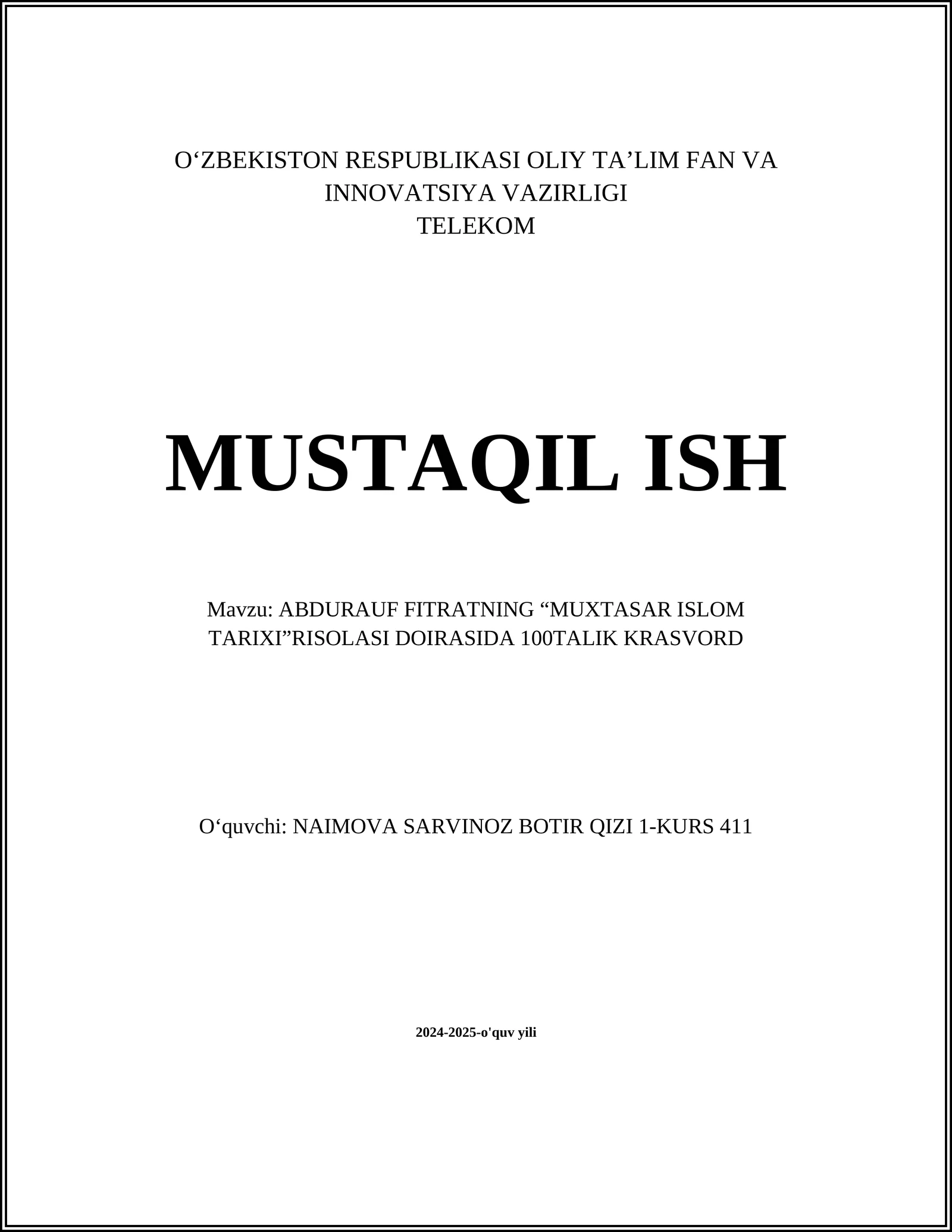 ABDURAUF FITRATNING “MUXTASAR ISLOM TARIXI”RISOLASI DOIRASIDA 100TALIK KRASVORD