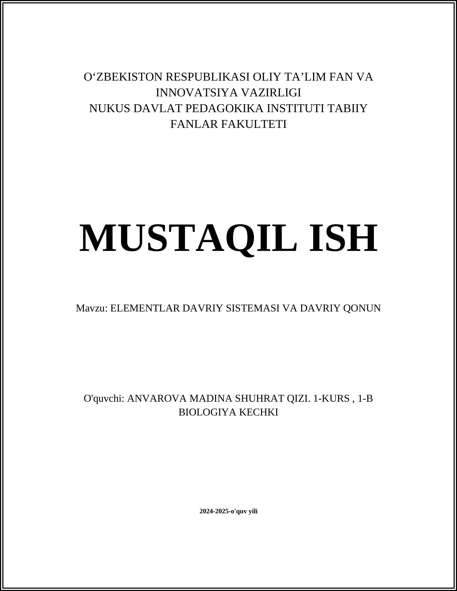 ELEMENTLAR DAVRIY SISTEMASI VA DAVRIY QONUN