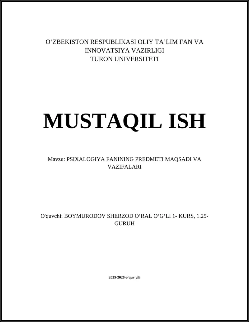 PSIXALOGIYA FANINING PREDMETI MAQSADI VA VAZIFALARI