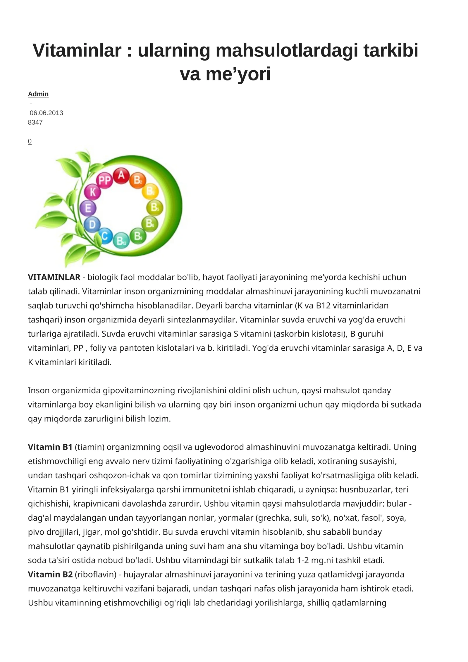 Vitaminlar: ularning mahsulotlardagi tarkibi va me’yori