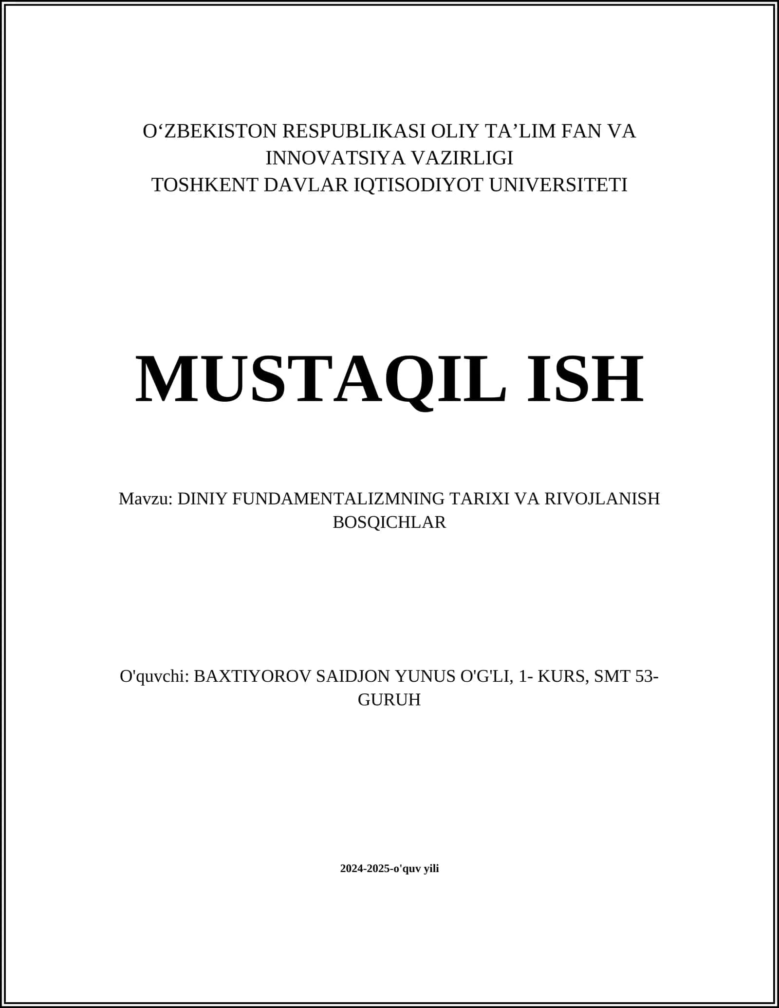 DINIY FUNDAMENTALIZMNING TARIXI VA RIVOJLANISH BOSQICHLAR