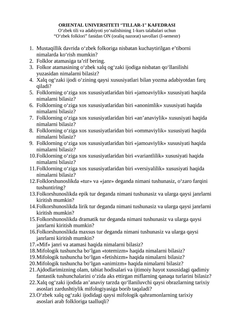 O‘zbek folklori ON (oraliq nazorat) savollari (I-semestr)