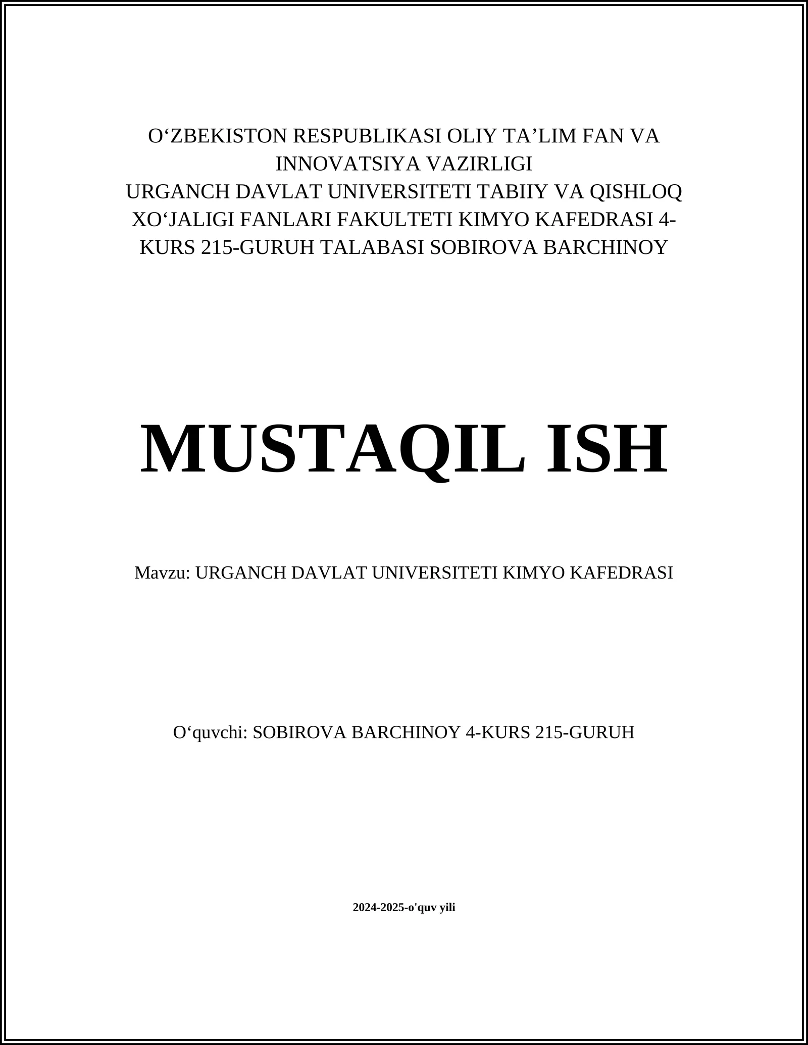 URGANCH DAVLAT UNIVERSITETI KIMYO KAFEDRASI