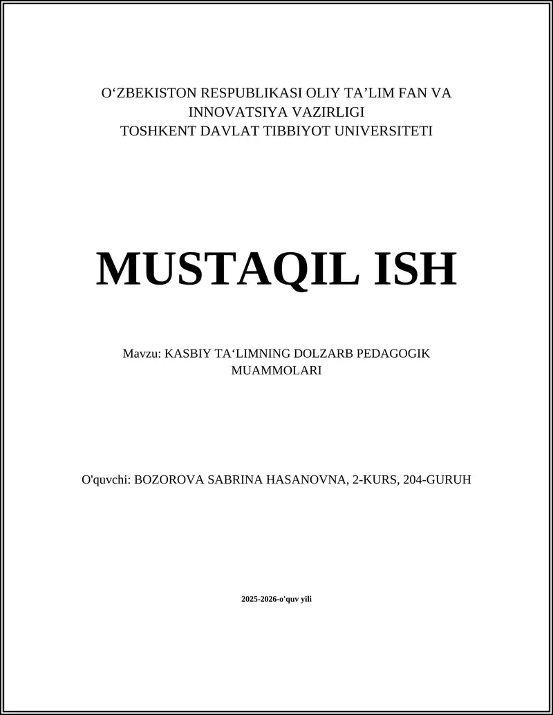 KASBIY TA‘LIMNING DOLZARB PEDAGOGIK MUAMMOLARI
