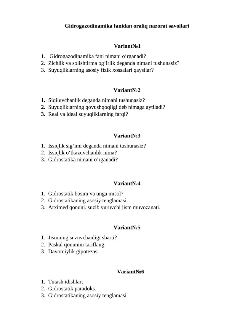 Gidrogazodinamika fanidan oraliq nazorat savollari