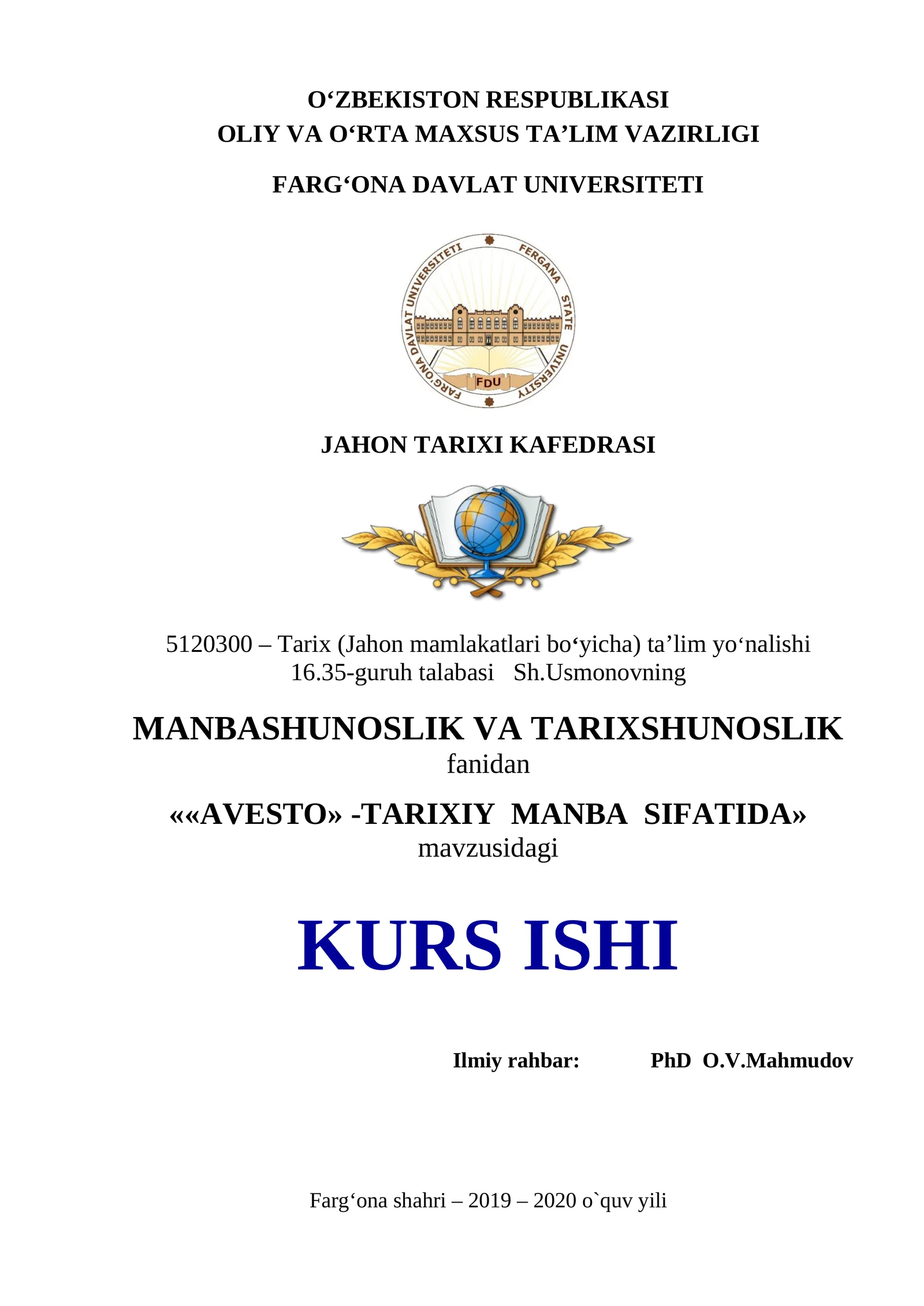 «AVESTO» -TARIXIY MANBA SIFATIDA