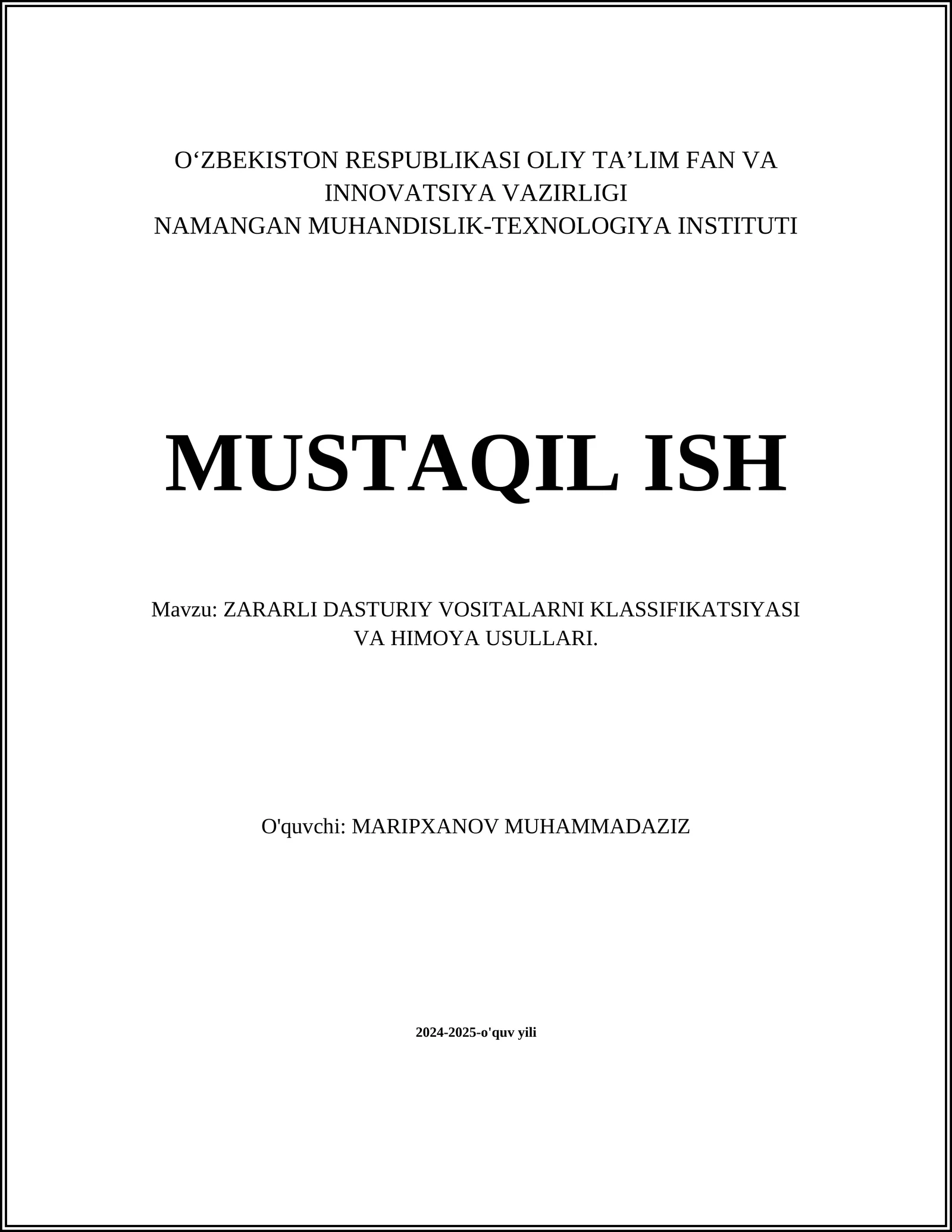 ZARARLI DASTURIY VOSITALARNI KLASSIFIKATSIYASI VA HIMOYA USULLARI