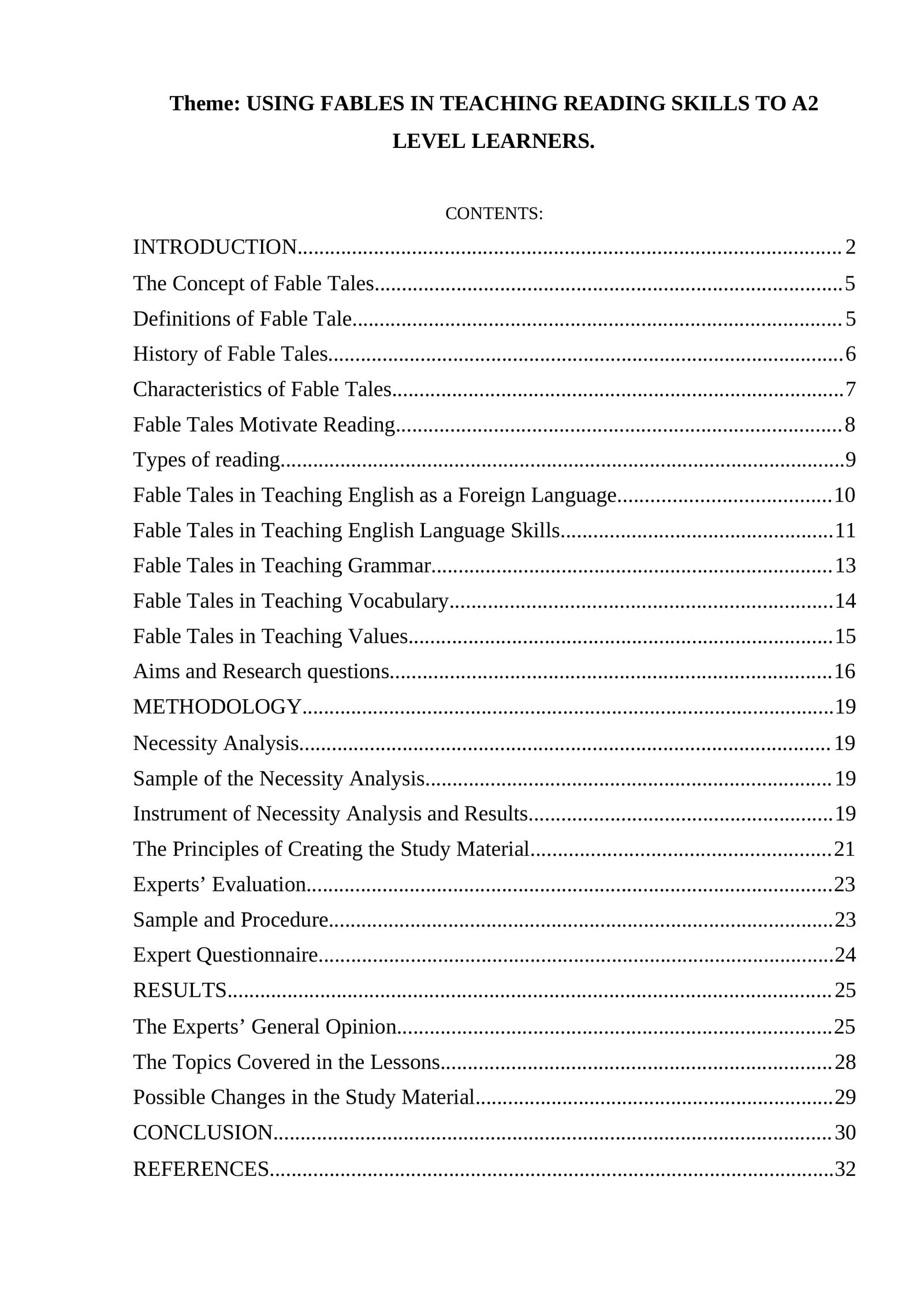 USING FABLES IN TEACHING READING SKILLS TO A2 LEVEL LEARNERS