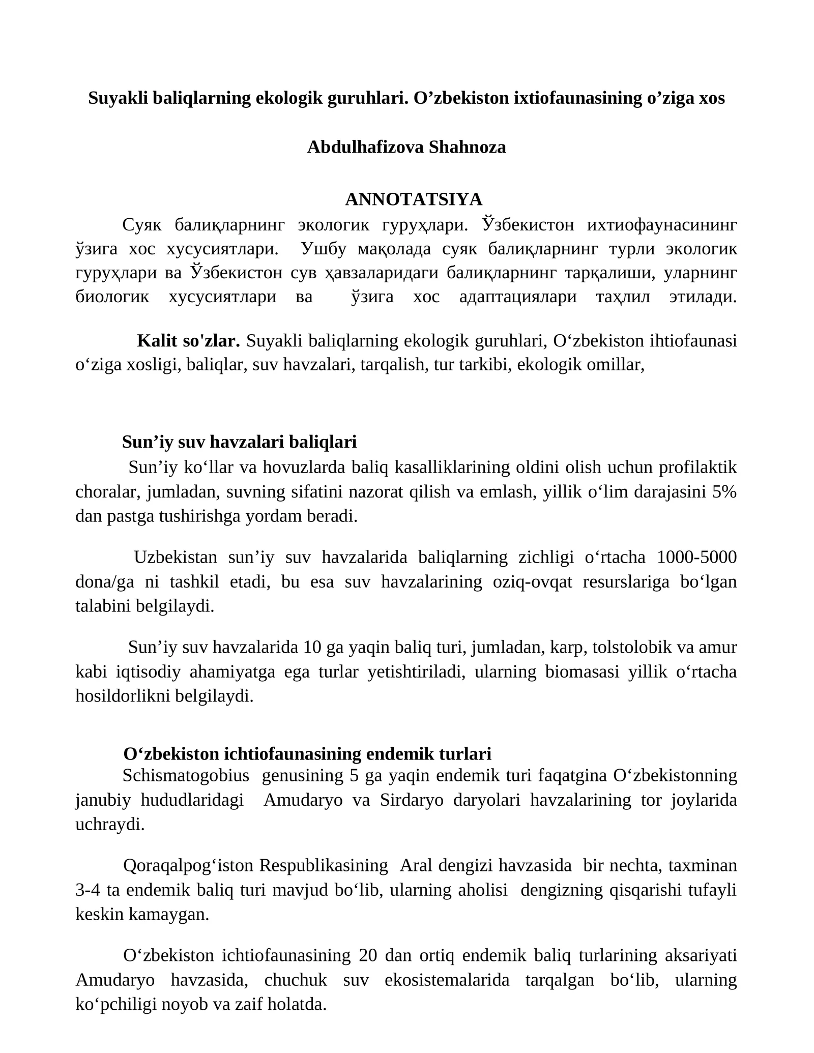 Suyakli baliqlarning ekologik guruhlari. O’zbekiston ixtiofaunasining o’ziga xos