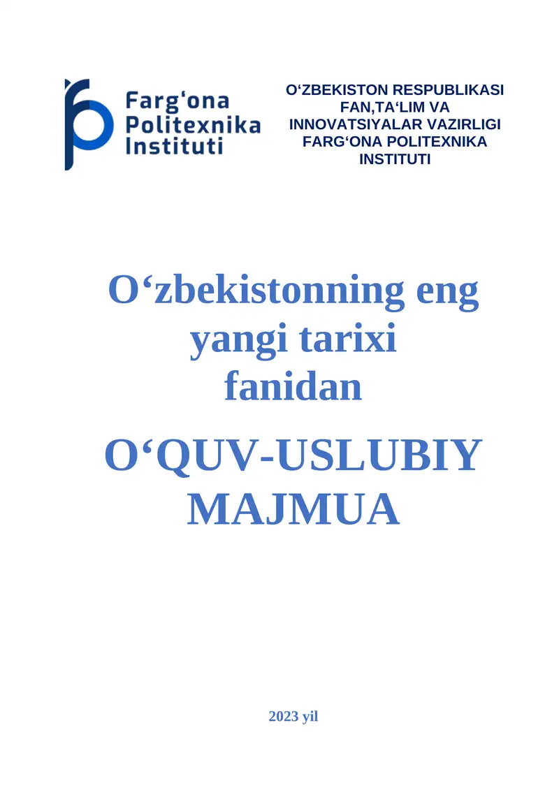 O‘zbekistonning eng yangi tarixi FANIDAN O‘QUV-USLUBIY MAJMUA