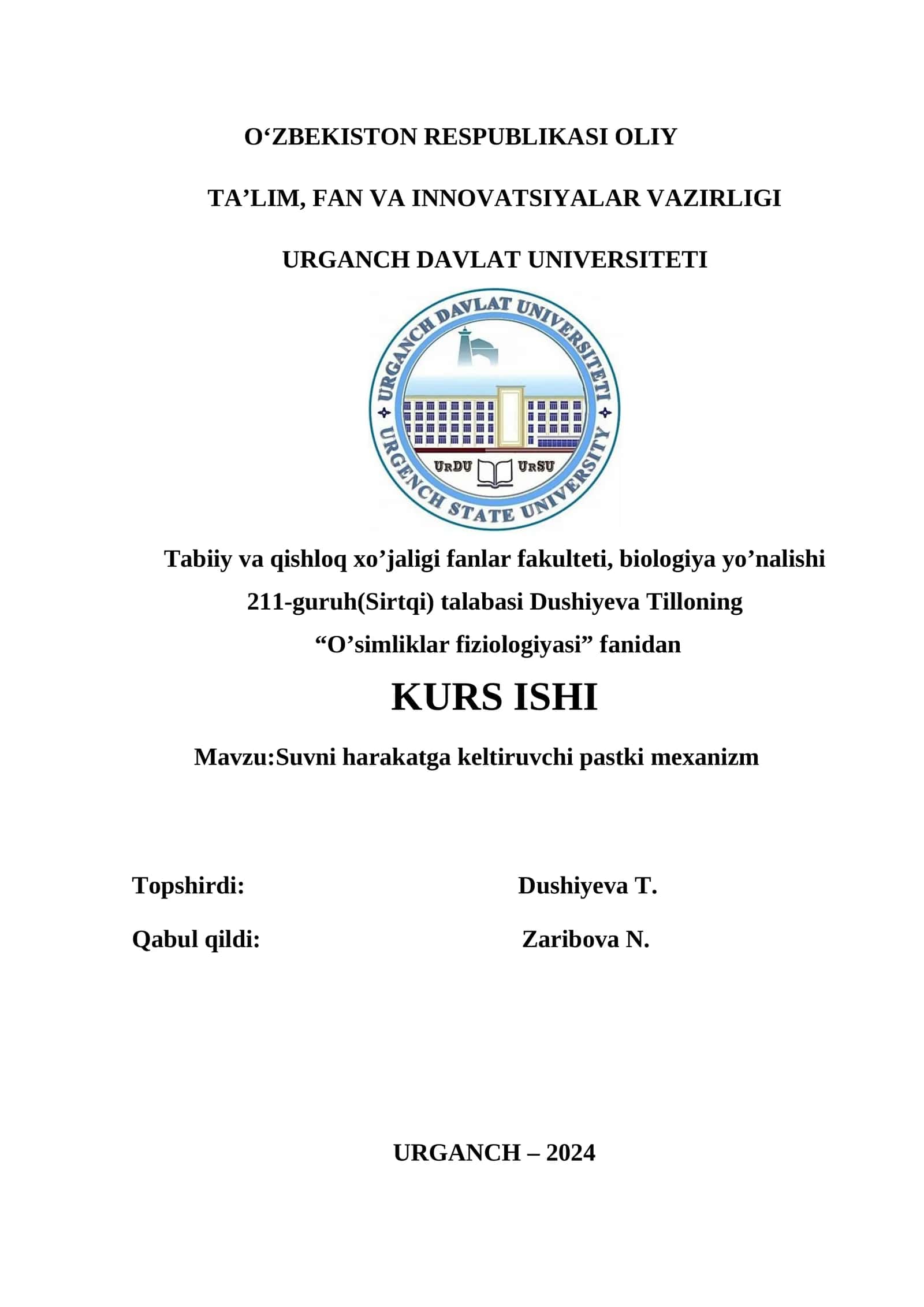 O‘simliklar fiziologiyasi fanidan KURS isHi
