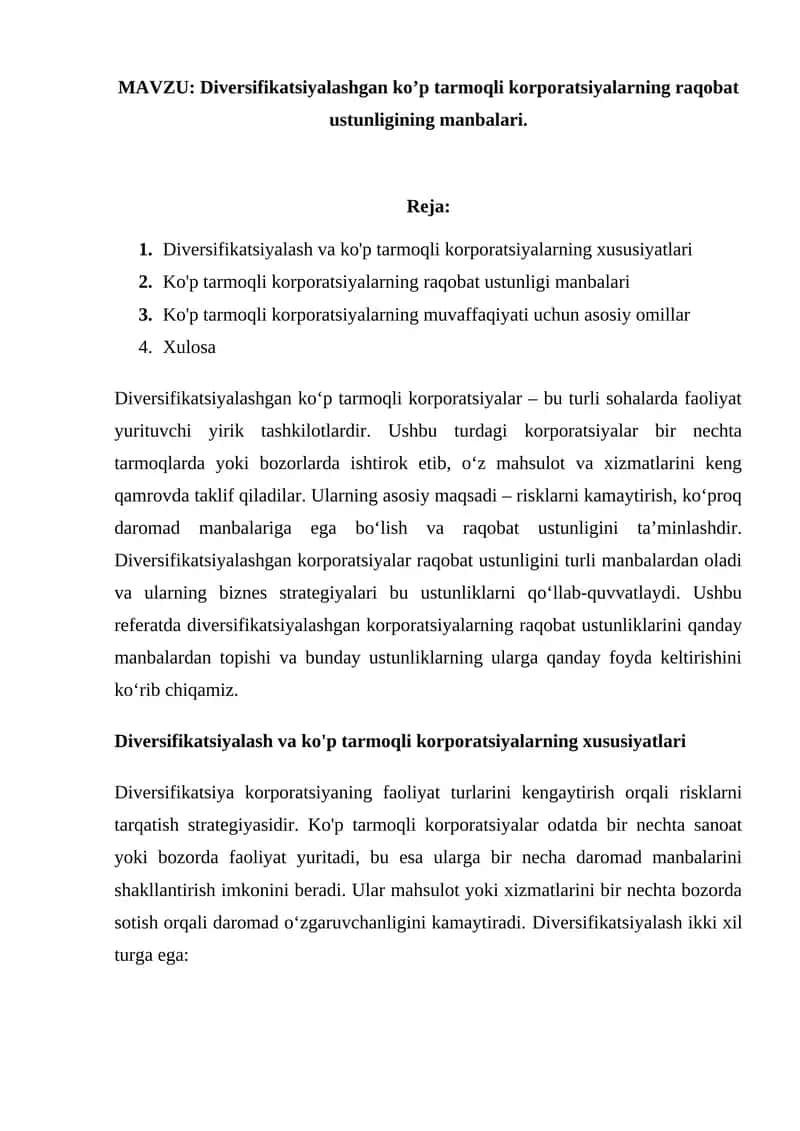 Diversifikatsiyalashgan ko‘p tarmoqli korporatsiyalar