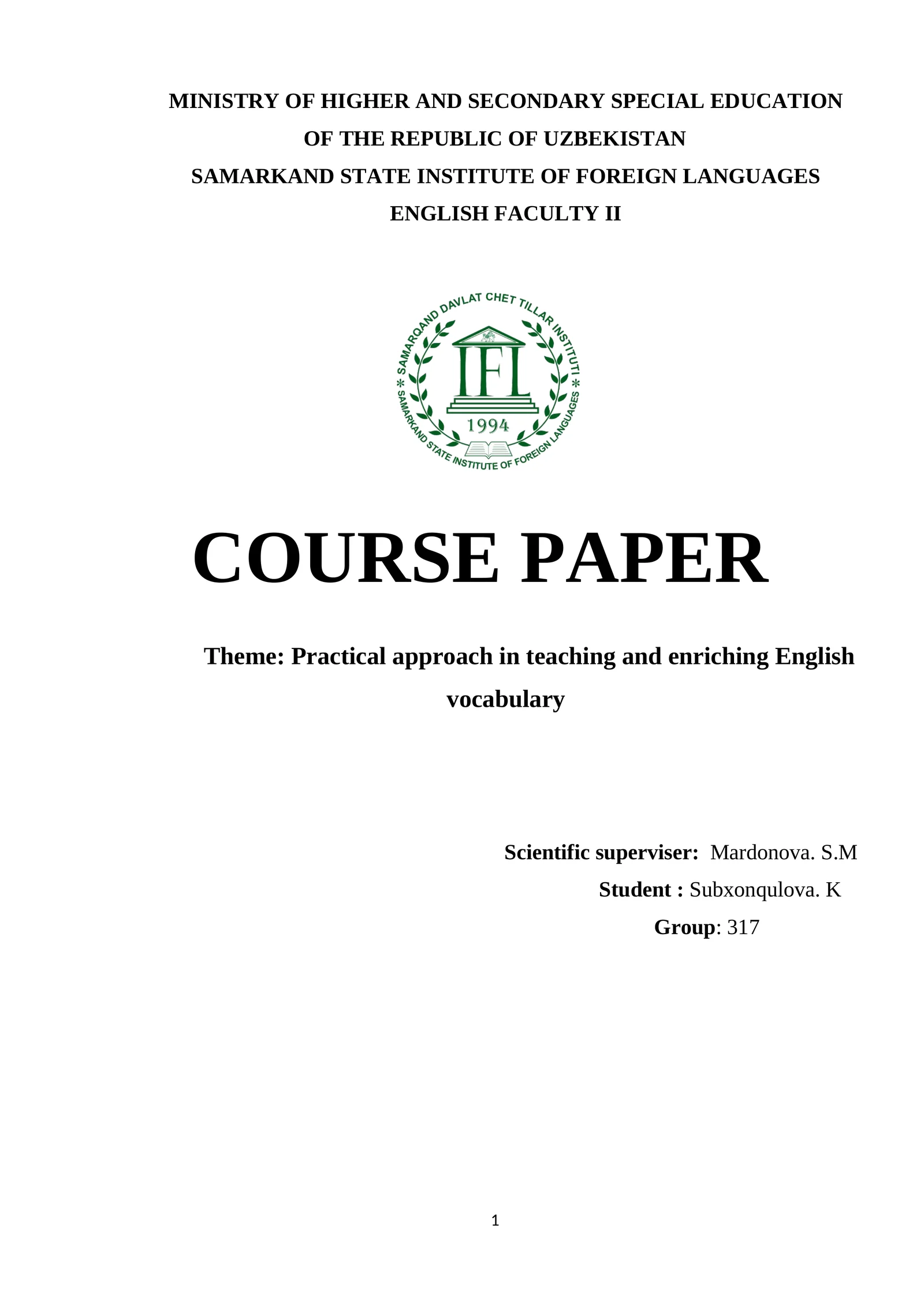 Course Paper on Practical Approach in Teaching and Enriching English Vocabulary