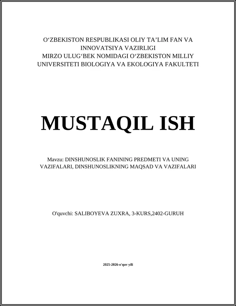 DINSHUNOSLIK FANINING PREDMETI VA UNING VAZIFALARI