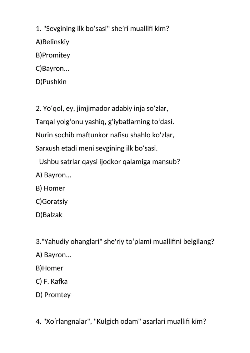 jahon adabiyoti mustahkamlash uchun testlar