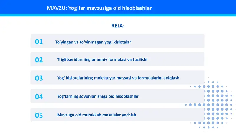 Yog`lar mavzusiga oid hisoblashlar