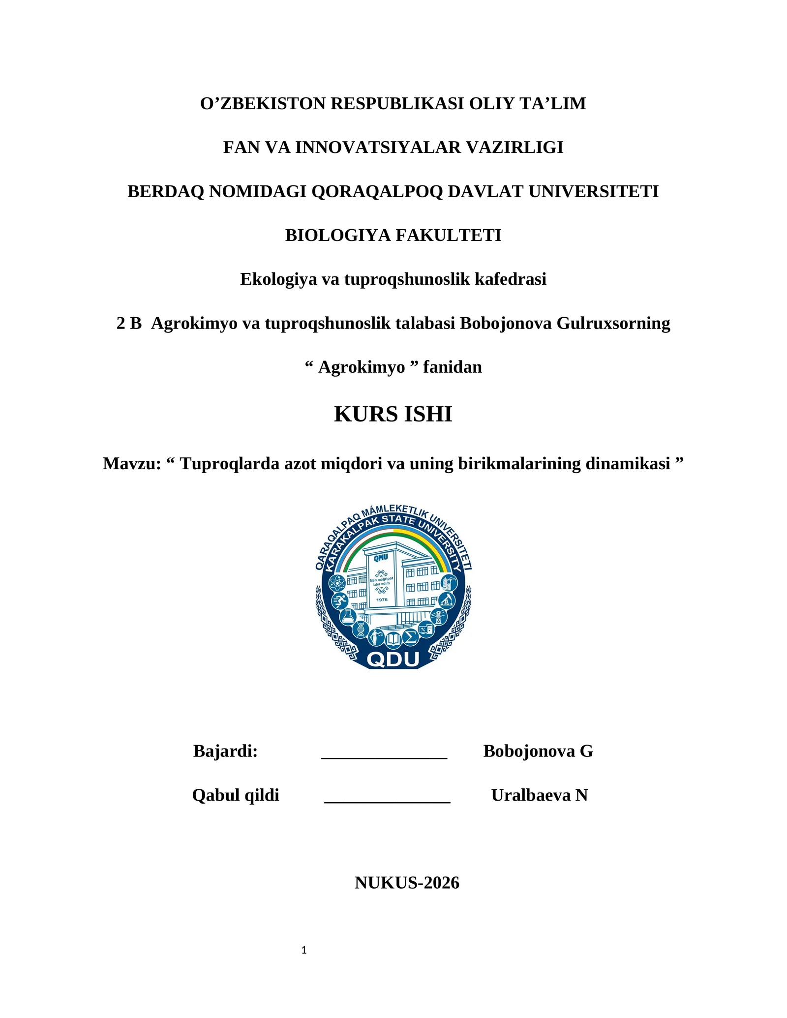 Tuproqlarda azot miqdori va uning birikmalarining dinamikasi