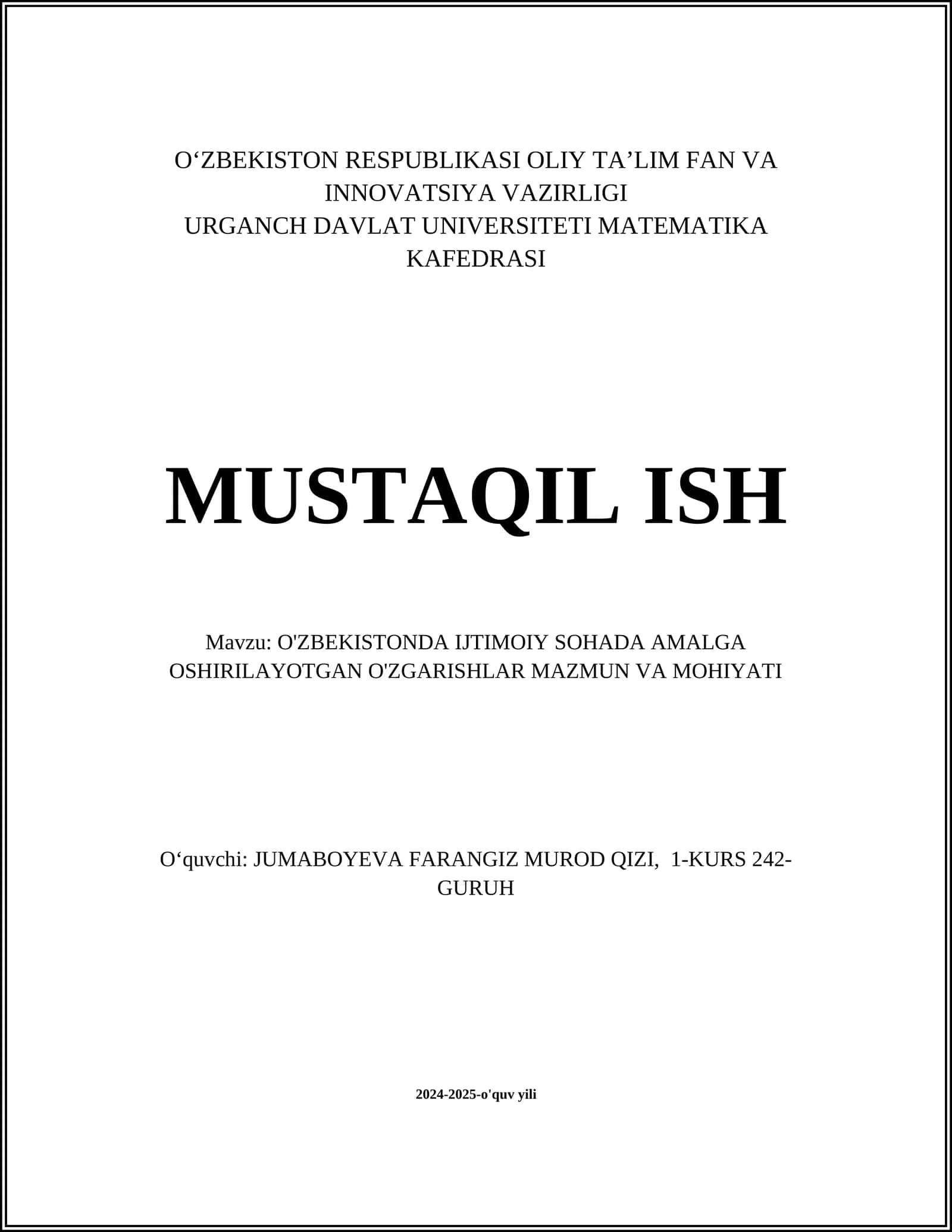 O‘ZBEKISTON RESPUBLIKASI OLIY TA’LIM FAN VA INNOVATSIYA VAZIRLIGI