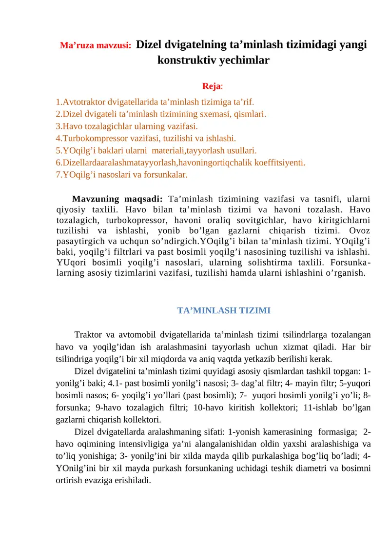 Dizel dvigatellar ta'minlash tizimi