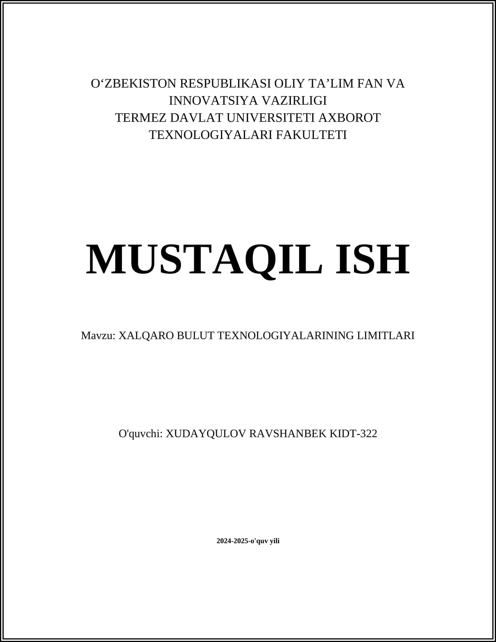 XALQARO BULUT TEXNOLOGIYALARINING LIMITLARI
