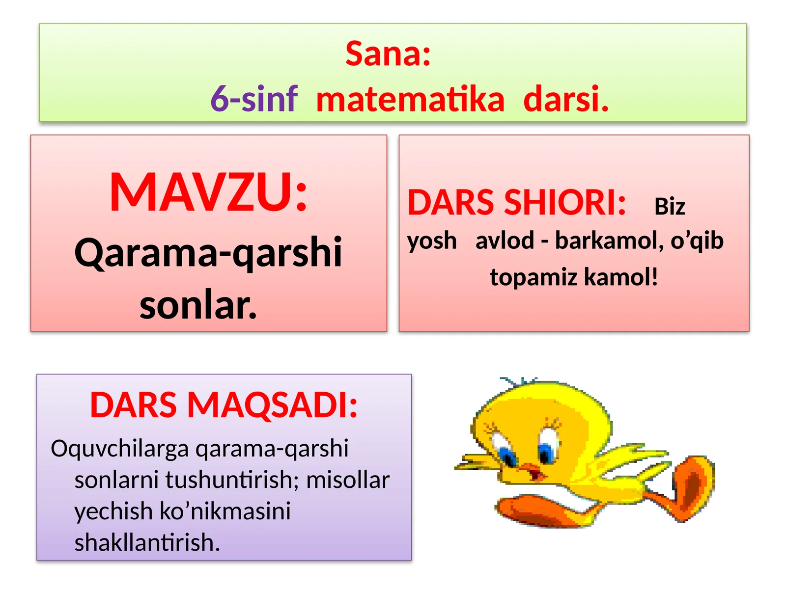 6-sinf Matematika ochiq dars ishlanma. Qarama-qarshi sonlar