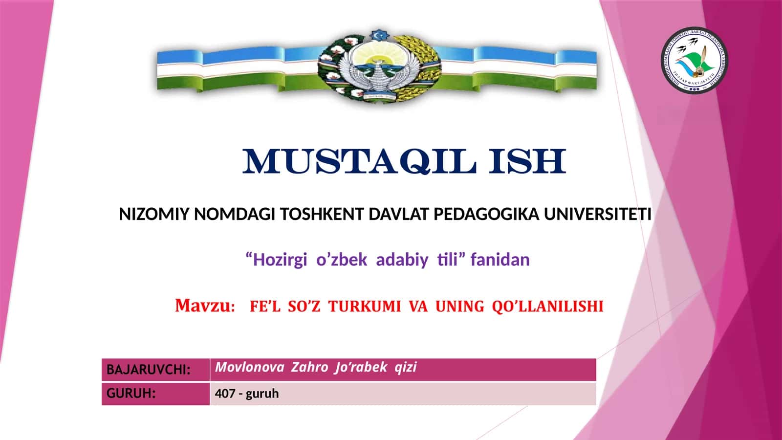 Fe'l so'z turkumi va uning qo'llanishi mavzusiga bag'ishlangan taqdimot