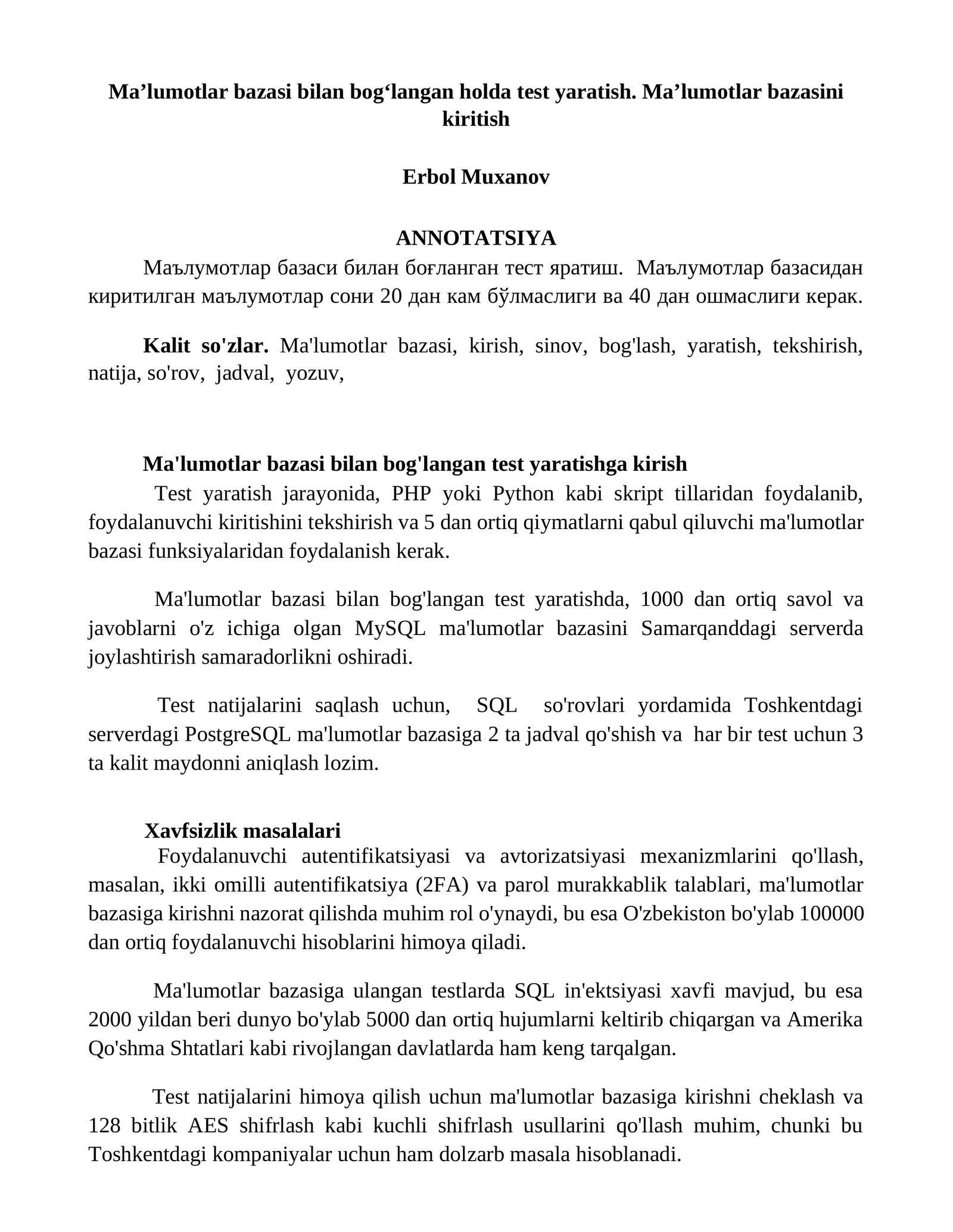 Maʼlumotlar bazasi bilan bogʻlangan test yaratish