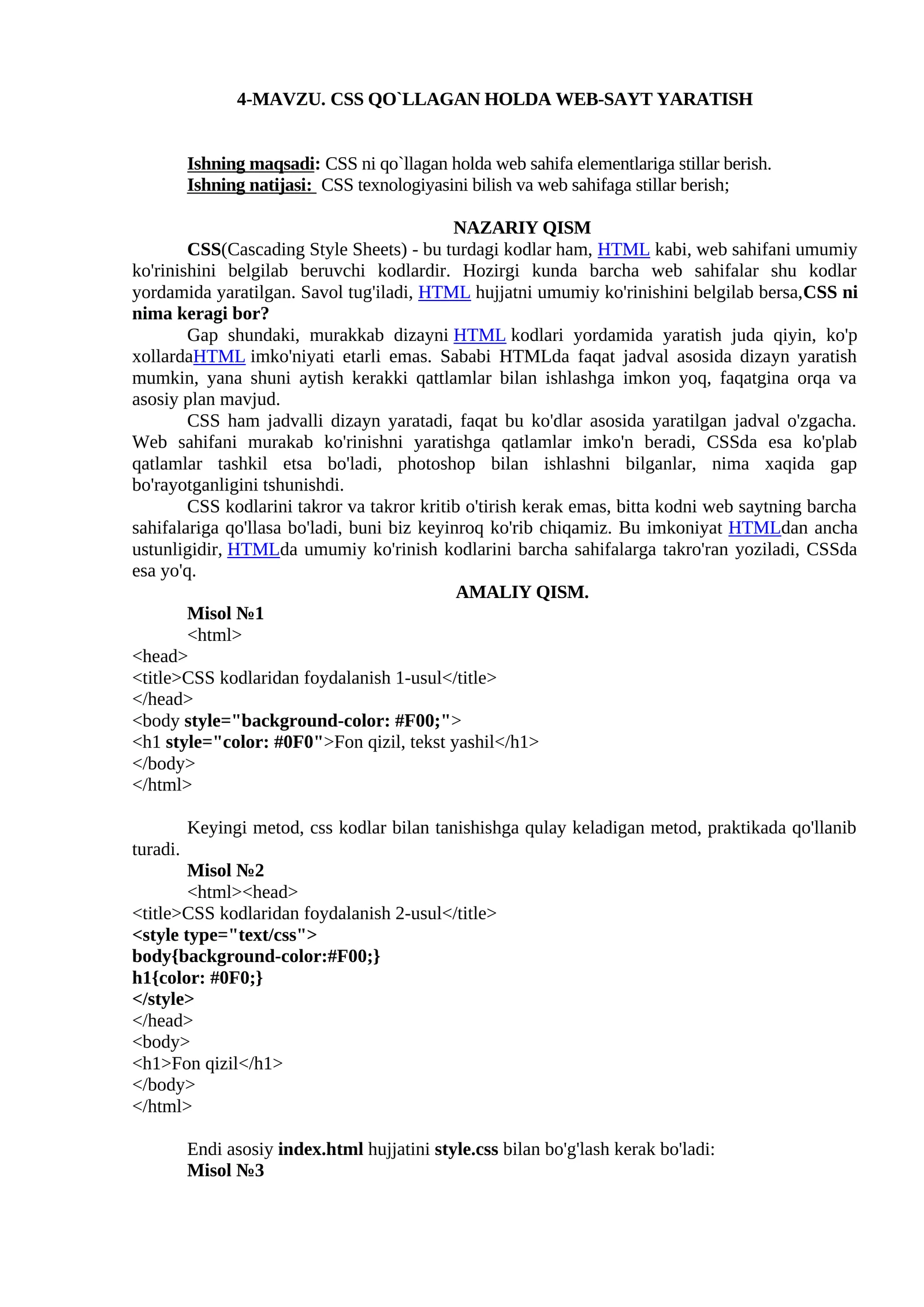 CSS QO`LLAGAN HOLDA WEB-SAYT YARATISH