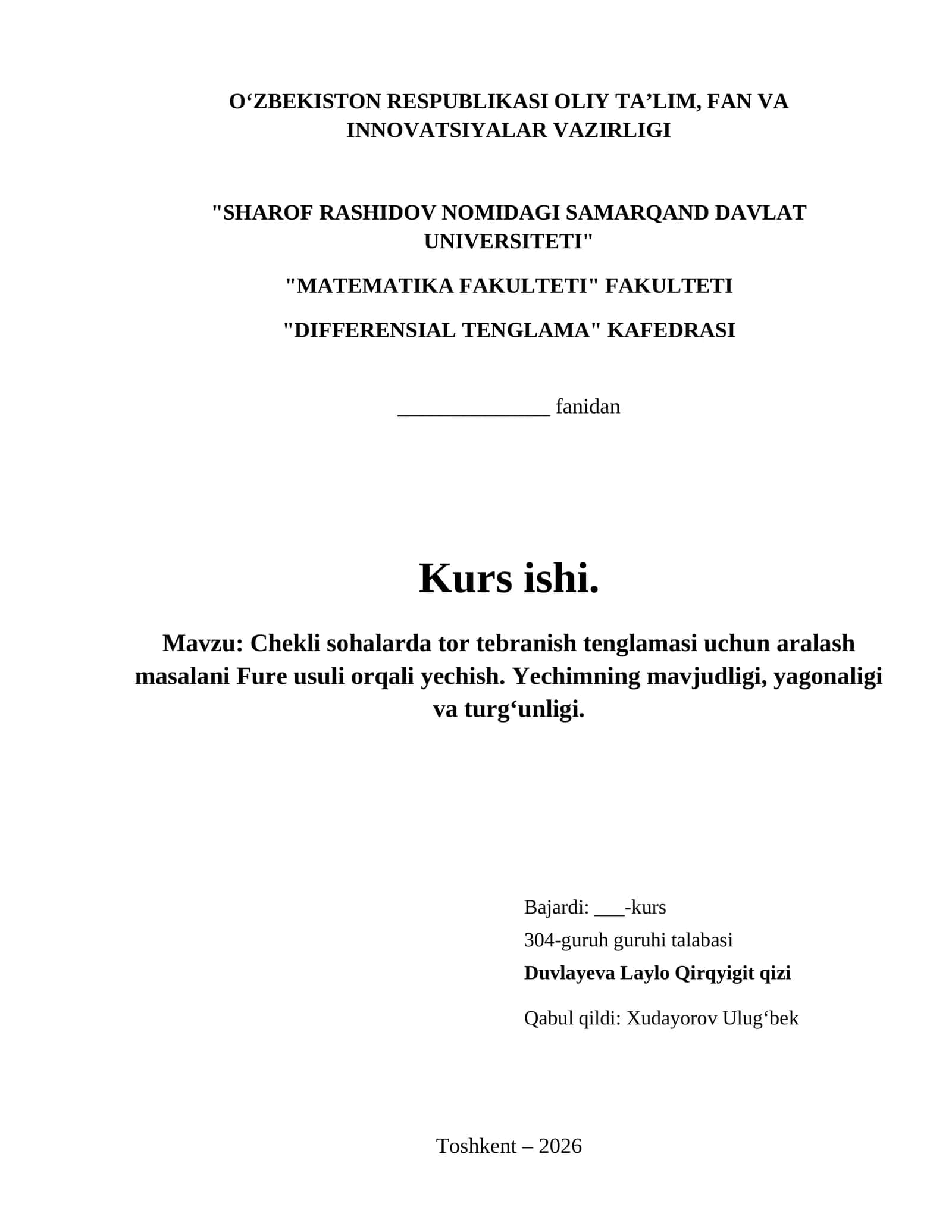 Chekli sohalarda tor tebranish tenglamasi uchun aralash masalani Fure usuli orqali yechish. Yechimning mavjudligi, yagonaligi va turg‘unligi.