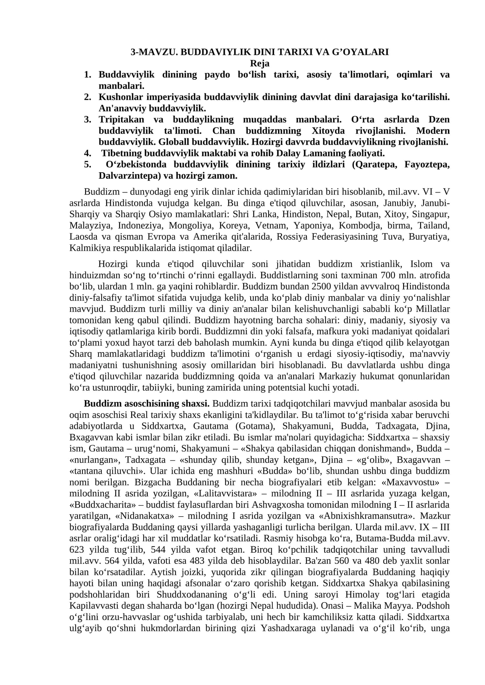 MAVZU. BUDDAVIYLIK DINI TARIXI VA G’OYALARI