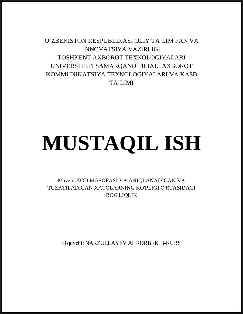 Kod Masofasi va Aniqlanadigan va Tuzatiladigan Xatolarning Ko'pligi Ortasidagi Bog'liqlik