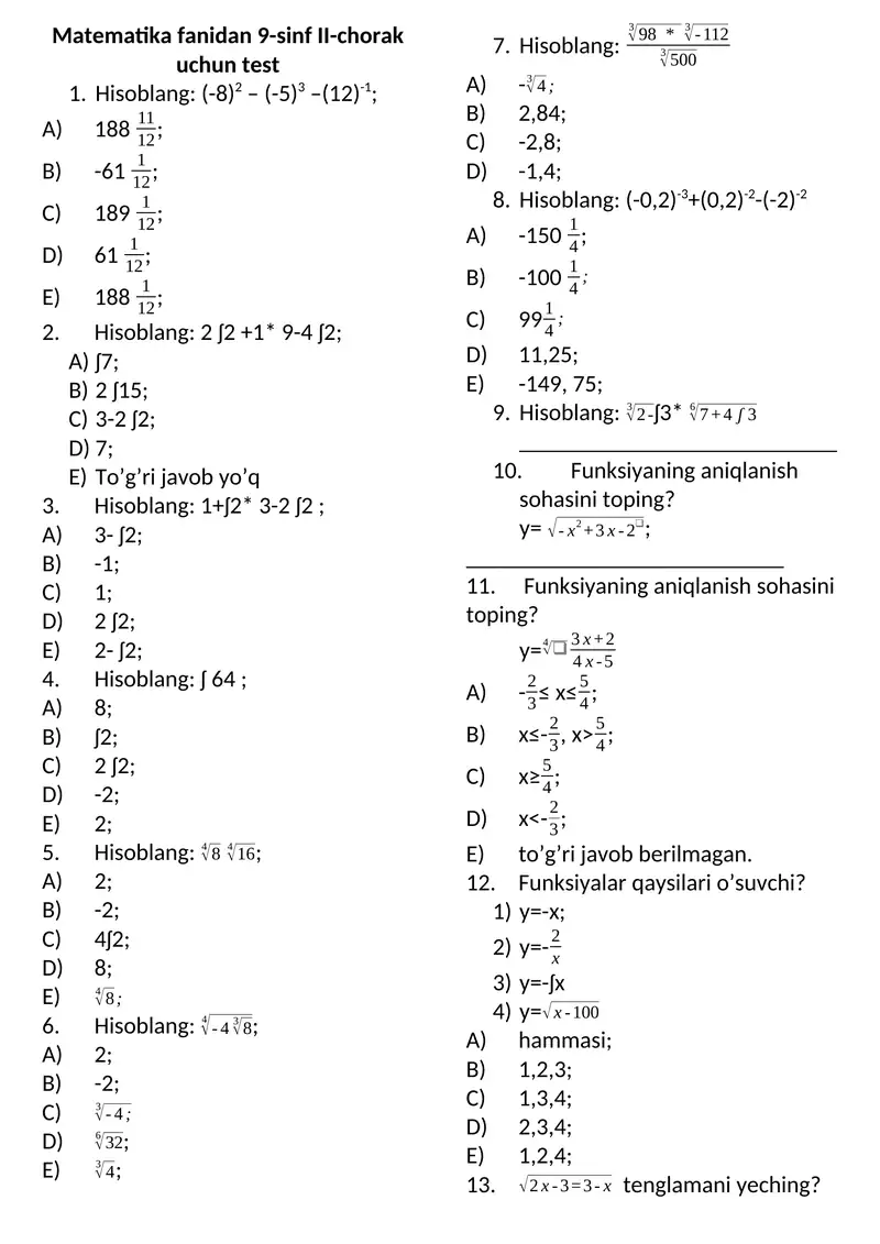 Matematika fanidan 9-sinf II-chorak uchun test