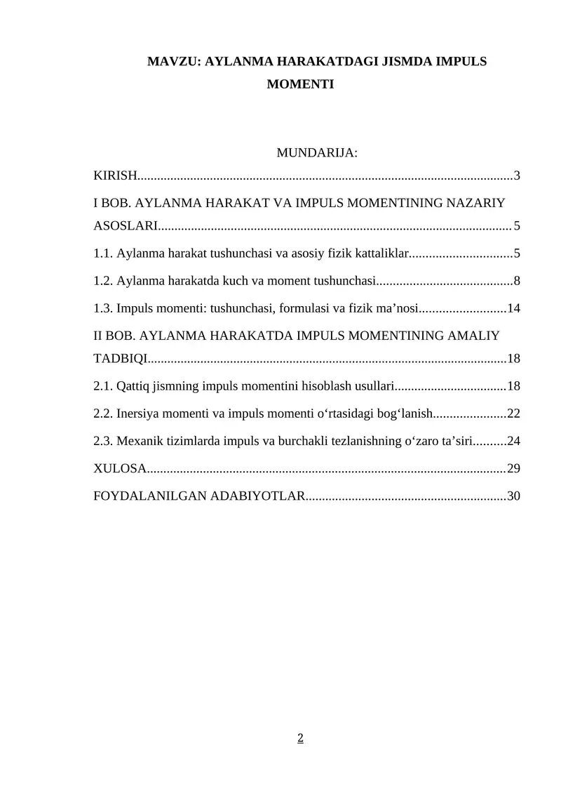 AYLANMA HARAKATDAGI JISMDA IMPULS MOMENTI