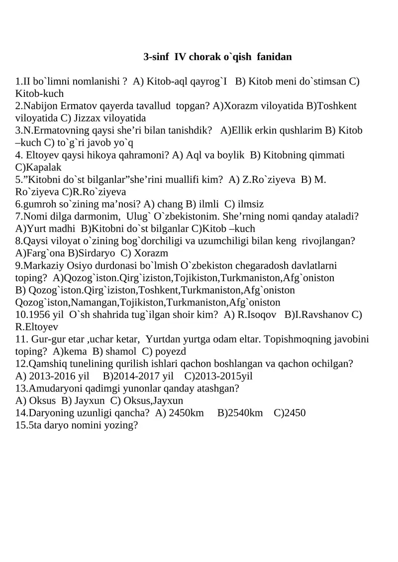 3-sinf IV chorak o`qish fanidan