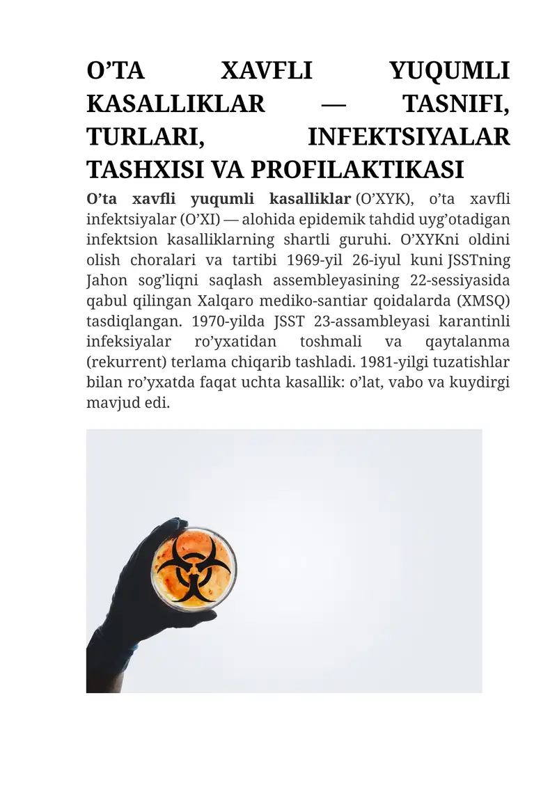 O’TA XAVFLI YUQUMLI KASALLIKLAR — TASNIFI, TURLARI, INFEKTSIYALAR TASHXISI VA PROFILAKTIKASI