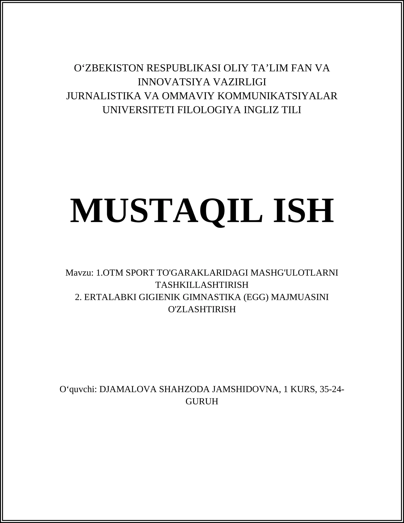 OTM SPORT TO'GARAKLARIDAGI MASHG'ULOTLARNI TASHKILLASHTIRISH