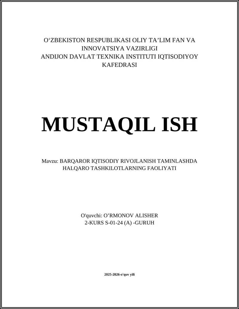 BARQAROR IQTISODIY RIVOJLANISH TAMINLASHDA HALQARO TASHKILOTLARNING FAOLIYATI
