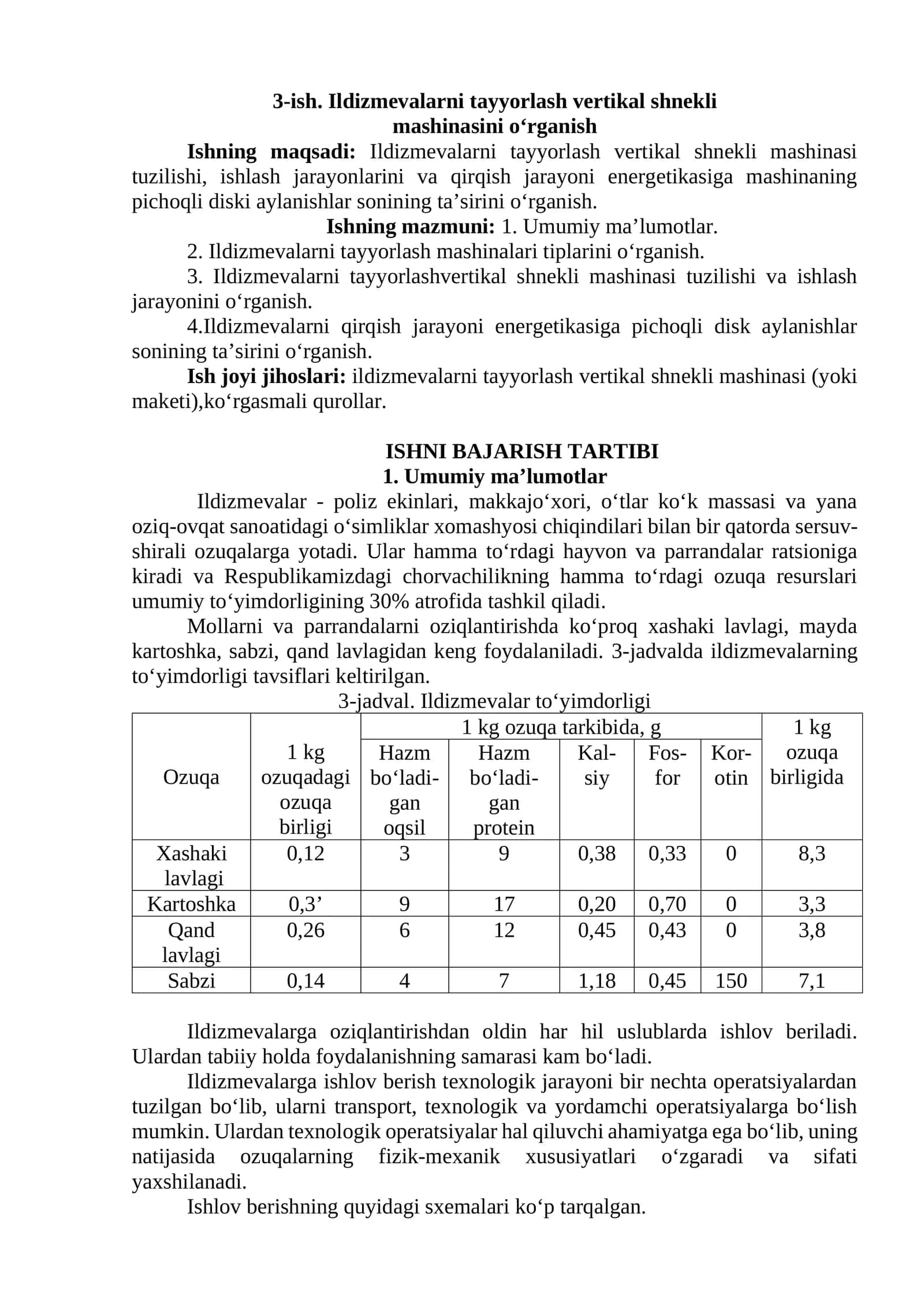 Ildizmevalarni tayyorlash vertikal shnekli mashinasi o‘rganish
