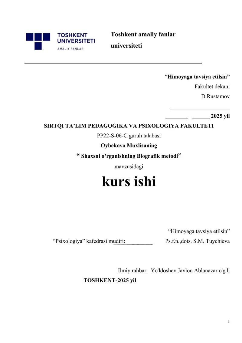 Shaxsni o’rganishning Biografik metodi.