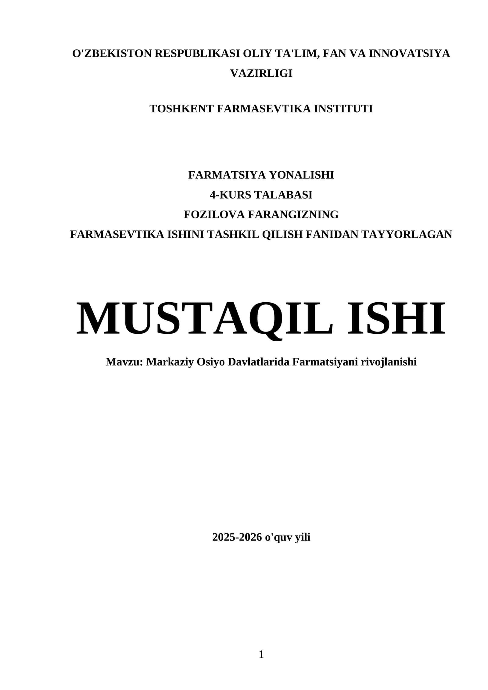 Farmatsevtika Ishini Tashkil Qilish Fanidan Tayyorlagan Mustaqil Ishi