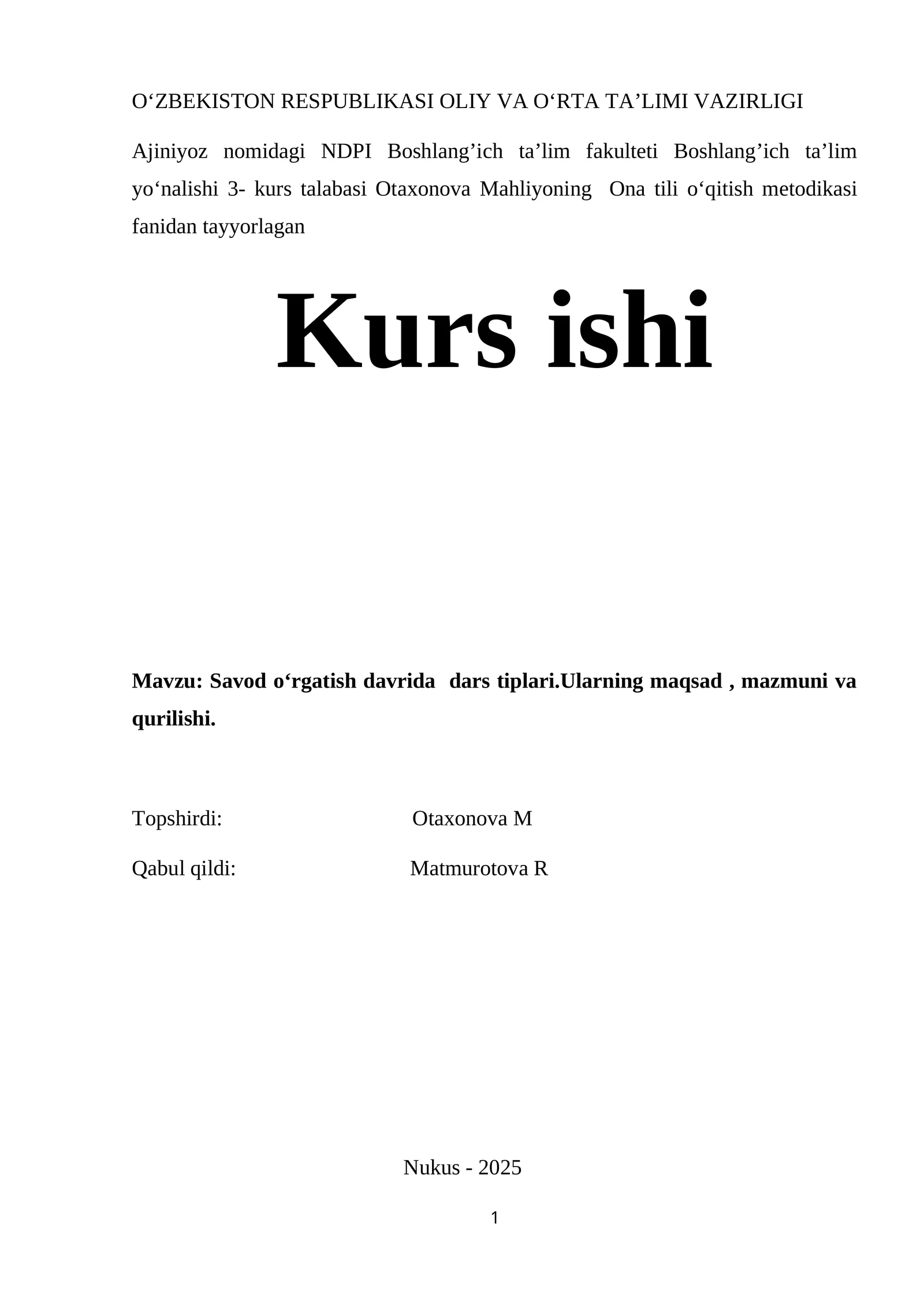 Otaxonova Mahliyoning Ona tili o‘qitish metodikasi