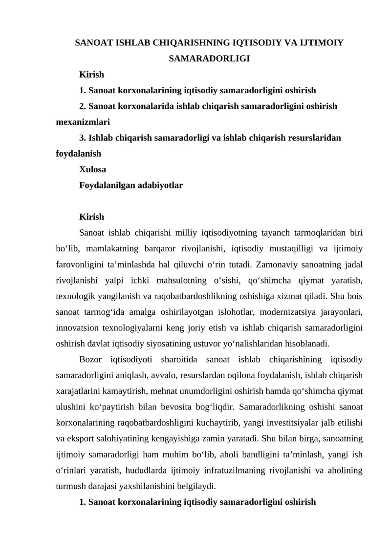 SANOAT ISHLAB CHIQARISHNING IQTISODIY VA IJTIMOIY SAMARADORLIGI