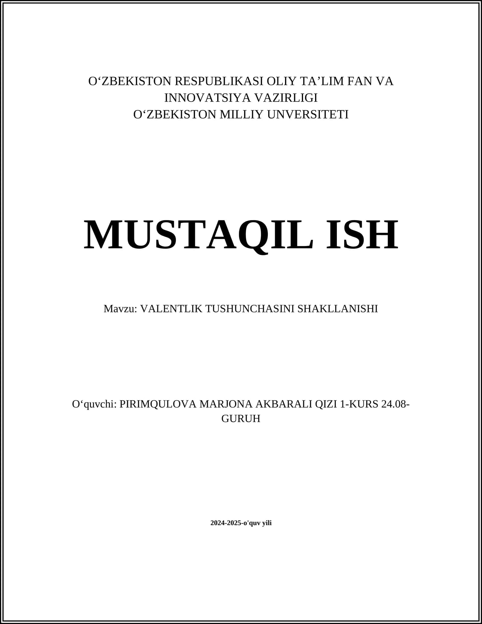 VALENTLIK TUSHUNCHASINI SHAKLLANISHI