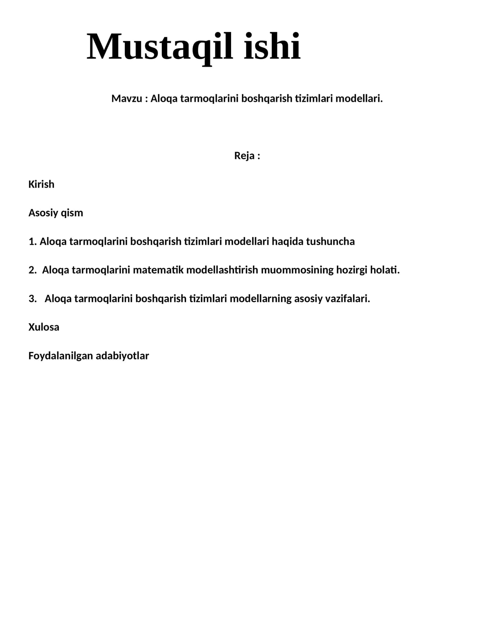 Aloqa tarmoqlarini boshqarish tizimlari modellari.
